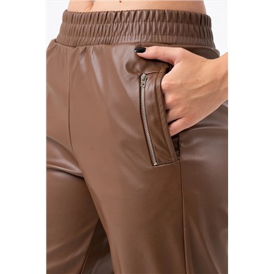 23146-Женские кожаные брюки узкого кроя с карманами, талией и эластичной резинкой - коричневые