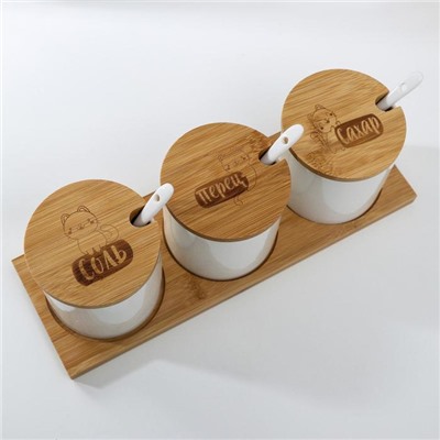 Набор банок керамических для хранения на деревянной подставке «Котики», 3 шт, 250 мл, цвет белый