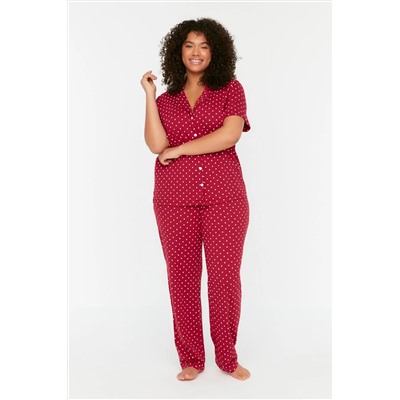 Бордово-красный вязаный пижамный комплект на пуговицах с принтом TBBSS22PT0710