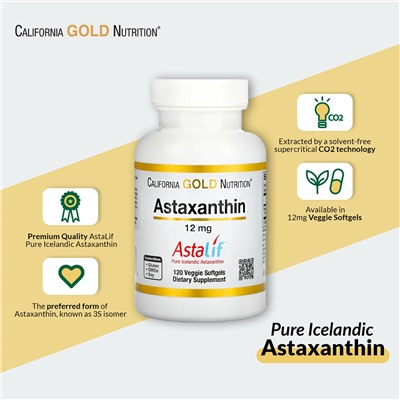 California Gold Nutrition, Astalif, чистый исландский астаксантин, 12мг, 120растительных капсул