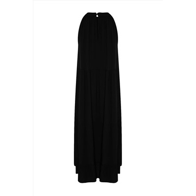 Черное широкое тканое платье макси с бретелькой на шее TWOSS23EL00078