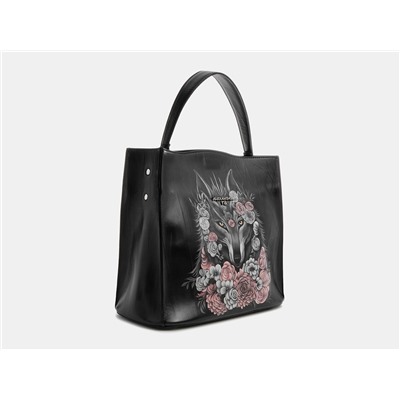 Черная кожаная сумка с росписью из натуральной кожи «W0027 Black Волчица в цветах»