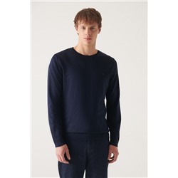 Темно-синий трикотажный свитер с круглым вырезом, смесовая шерсть, базовый стандартный крой