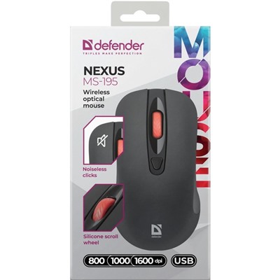 Мышь Defender Nexus MS-195, беспроводная, оптическая, 1600 dpi, 2×AAA, USB, черная