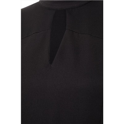 Черное мини-тканое платье с вырезом большого размера и глубоким вырезом без подкладки и длинными рукавами TBBAW23AH00040