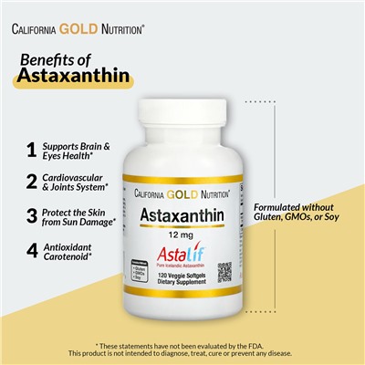 California Gold Nutrition, Astalif, чистый исландский астаксантин, 12мг, 120растительных капсул