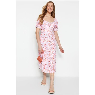 Сиреневое тканое платье-рубашка миди с объемными рукавами и цветочным принтом TWOSS22EL1125
