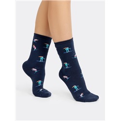 Высокие женские махровые носки темно-синего цвета с рисунками