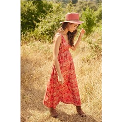 Красное тканое платье макси с v-образным вырезом и цветочным принтом TWOSS23EL00031