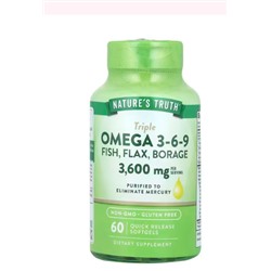 Nature's Truth, Triple Omega 3-6-9, рыба, лен, бурачник, 3600 мг, 60 капсул быстрого действия (1200 мг в каждой капсуле)