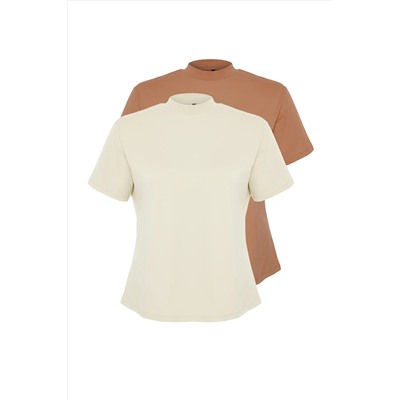 Набор из 2 базовых трикотажных футболок с высоким воротником, бежевый и норковый, из 100 % хлопка TBBSS24BF00027