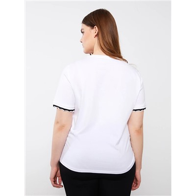 LCW Плюс размер Хлопковая женская футболка с круглым вырезом и текстовым принтом с короткими рукавами