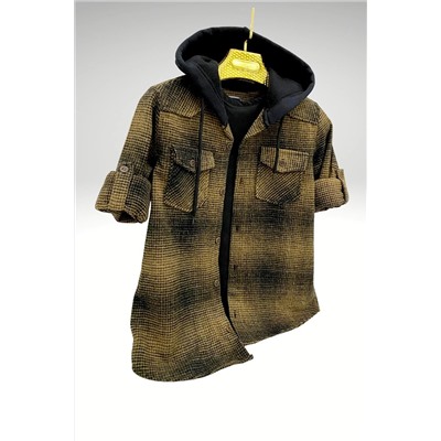 Зимняя фланелевая хлопковая куртка-рубашка лесоруба с капюшоном и длинными складными рукавами для мальчиков GML-1014
