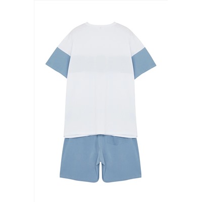Сине-белый пижамный комплект стандартного кроя с цветными блоками и шортами больших размеров с принтом TMNSS24AI00003