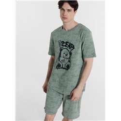 Комплект мужской (футболка, шорты) зелено-серый с дизайнерским принтом