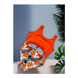 Купальник с завязками на животе для девочек оранжевого цвета, детальный купальник в виде тропических листьев Амазонки / Mayokini Lolli055090123