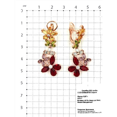 Серьги из золочёного серебра с пл.кварцем и фианитами 925 пробы С-22-0249зс9700