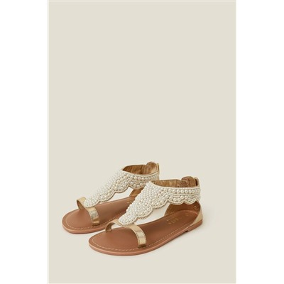 Accessorize Girls Cream Pearl Embellished Sandals