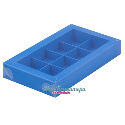 Коробка для конфет на 8 шт Синяя с пластиковой крышкой 190х110х30 мм