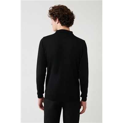 Черный трикотажный свитер с воротником-поло на молнии, шерстяная полоска, стандартная посадка
