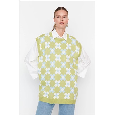 Светло-зеленый вязаный свитер с цветочным принтом TCTAW23SV00020
