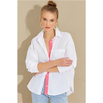 Женская рубашка на пуговицах бело-фуксия ROT274