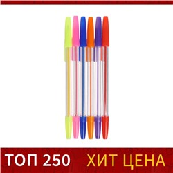 Набор ручек шариковых, 6 цветов, корпус прозрачный с цветными колпачками