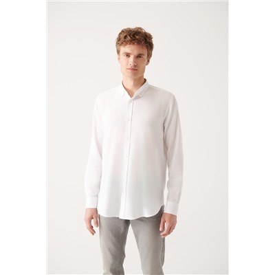 Белая рубашка Легко гладить Воротник на пуговицах Текстурированный смесовый хлопок Стандартная посадка