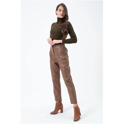23076-Женские эластичные кожаные брюки с высокой талией - коричневые