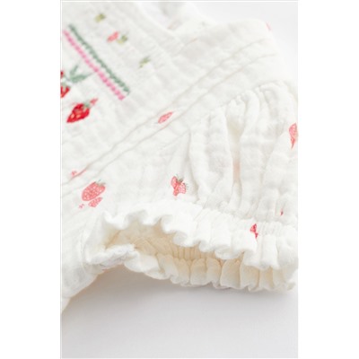 White Embroidered Strawberries Bloomer Romper (0mths-2yrs)