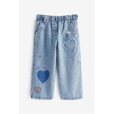 Mid Blue Denim Heart Patch Wide Leg Jeans (3mths-7yrs)