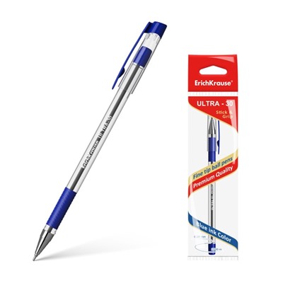 Ручка шариковая Erich Krause ULTRA-30, узел-игла 0.7 мм, чернила синие, резиновый упор, длина линии письма 2000 метров, 1 штука