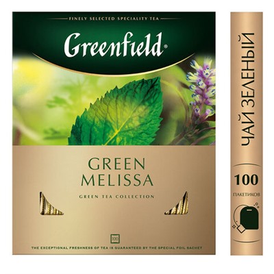 Чай GREENFIELD "Green Melissa" зеленый с мятой и мелиссой, 100 пакетиков в конвертах по 1,5 г, 0879