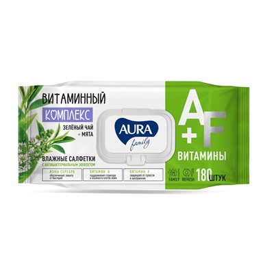 Влажные салфетки Aura family с антибактериальным эффектом big-pack 180 шт.