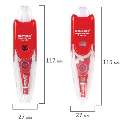 Корректирующая лента BRAUBERG "Click", 5 мм х 6 м, корпус прозрачный, автоматическая, блистер
