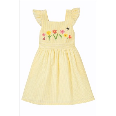 Frugi Yellow Seersucker Flower Detail Dress