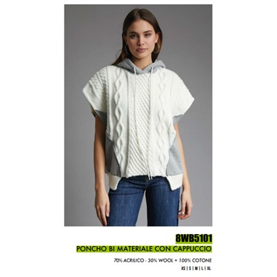 8WB5101 PONCHO BI MATERIALE CON CAPPUCCIO