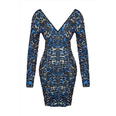 Ограниченная серия синего мини-вязаного платья с драпировкой и V-образным вырезом TWOAW24EL00766
