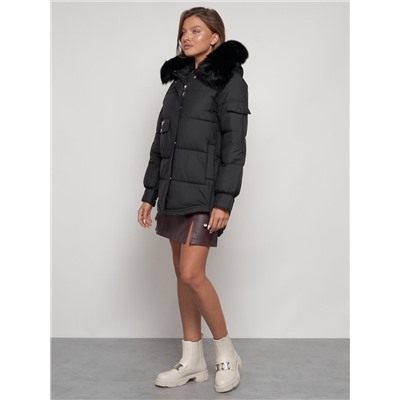 Куртка зимняя женская модная с мехом черного цвета 13301Ch