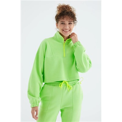 TOMMYLIFE Фисташково-зеленый женский спортивный костюм с заниженными плечами, шнурком на талии, молнией до половины длины, большой женский спортивный костюм — 95321