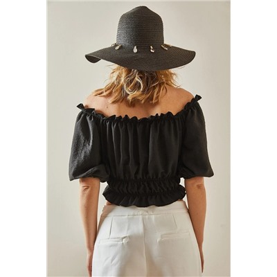 XHAN Черная блузка со сборками и вырезом «лодочка» 5YXK2-47964-02