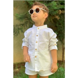 Детский комплект из хлопковой льняной рубашки с воротником и шорт для мальчика MNY-KTN-GMLK