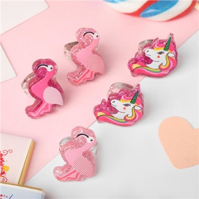 Набор детских колец «Пальчики» фламинго и единороги, 5 шт., форма МИКС, цвет розовый, безразмерные