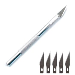Нож канцелярский "скальпель" с алюминиевой рукояткой/ сменные лезвия 5шт/ дл.14см/ фас.1шт