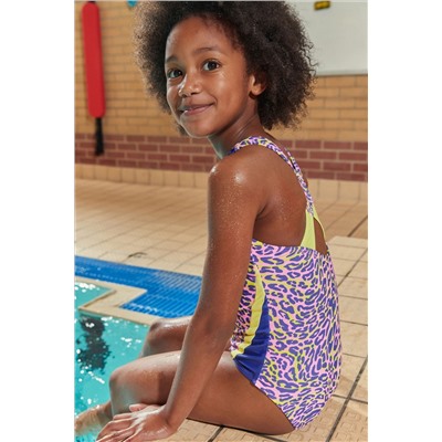 Pink Leopard Print Sports Cross-Back Swimsuit (3-16yrs)