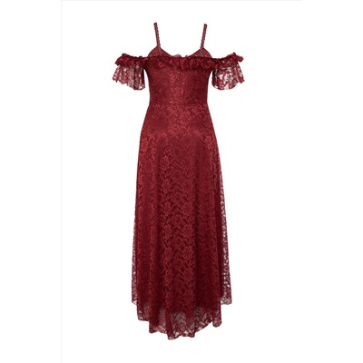 Бордовое кружевное вечернее платье макси больших размеров с лямками TBBAW23AH00187