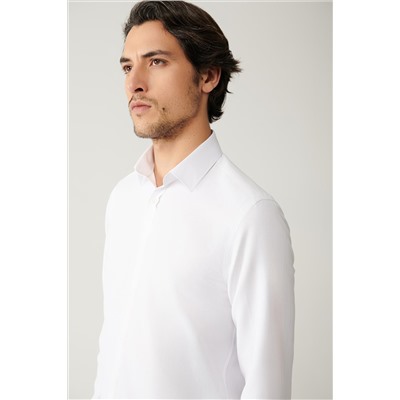 Белая рубашка, классический воротник, легкая глажка, приталенный крой из смеси хлопка
