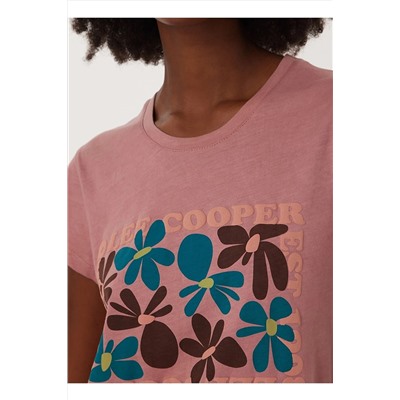 Розовая женская футболка с круглым вырезом и принтом 232 Lcf 242002 Bloem Dried Rose
