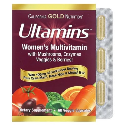 California Gold Nutrition, Ultamins, мультивитаминный комплекс для женщин с коэнзимом Q10, грибами, ферментами, овощами и ягодами, 60 растительных капсул