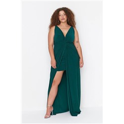Изумрудно-зеленое вязаное вечернее платье с драпировкой TBBSS22AD00000